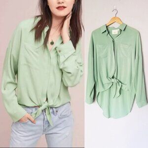 Maeve Anthropologie Sandbridge Pistachio Green Tie Front Button Down Shirt S $88